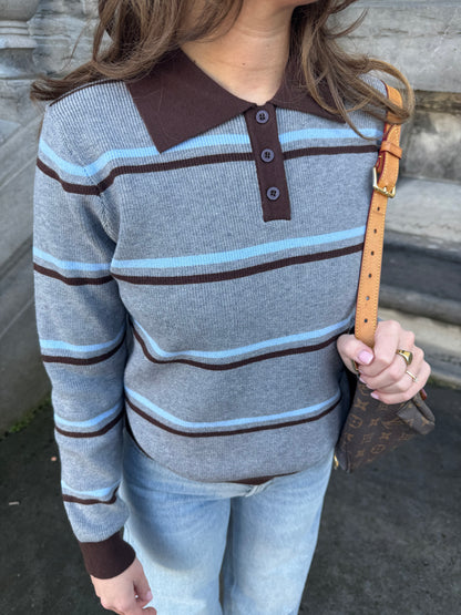 Polo Sweater - Light Blue/Chocolate